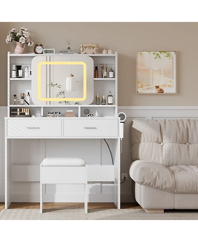 Homfan Vanity Desk with Sliding Mirror, Charging Station, 2 Drawers, Cushioned Stool, 3 Lighting Modes, Dressing Table for Bedroom, Studio