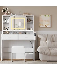 Homfan Vanity Desk with Sliding Mirror, Charging Station, 2 Drawers, Cushioned Stool, 3 Lighting Modes, Dressing Table for Bedroom, Studio