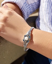 Devata Swiss Topaz, Freshwater Cultured Pearl and Filigree with Dragon Bone Chain Bracelet Sterling Silver 18K Gold Accents