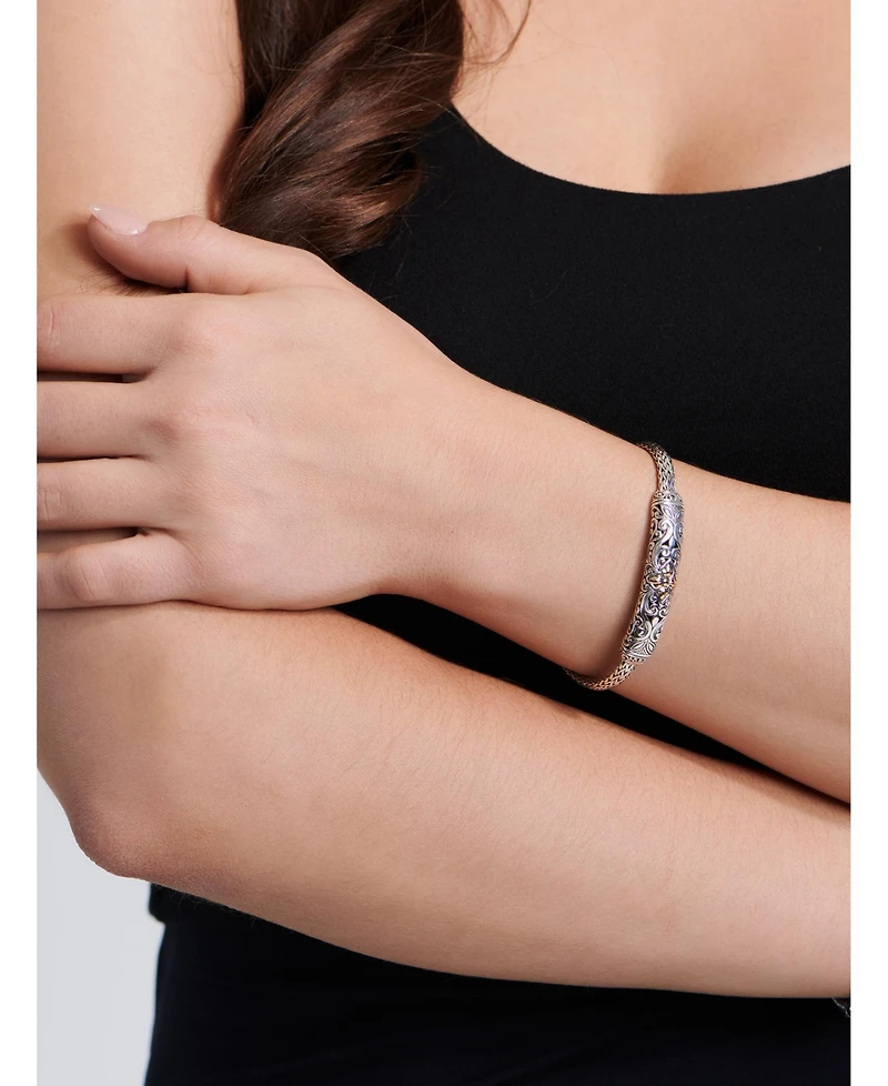 Devata Maple Leaf on Filigree with Dragon Bone Chain Bracelet Sterling Silver and 18K Gold Accents