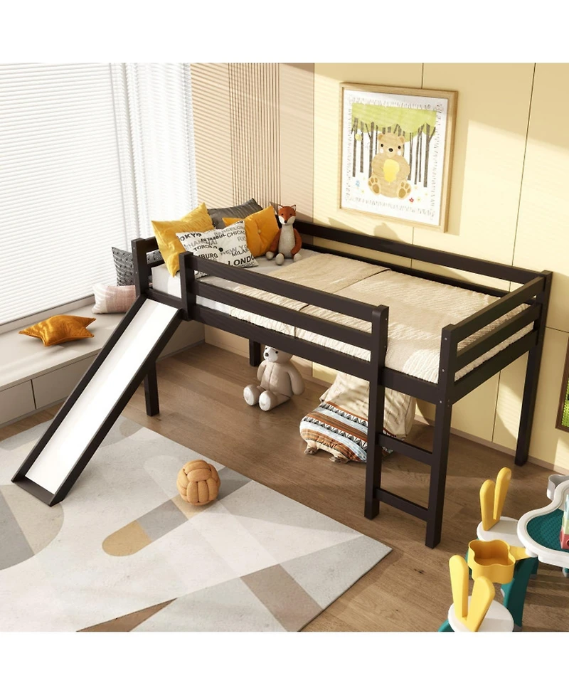 Gouun Twin Low Loft Bed with Built-In Slide and Dual Ladders