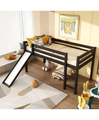 Gouun Twin Low Loft Bed with Built-In Slide and Dual Ladders