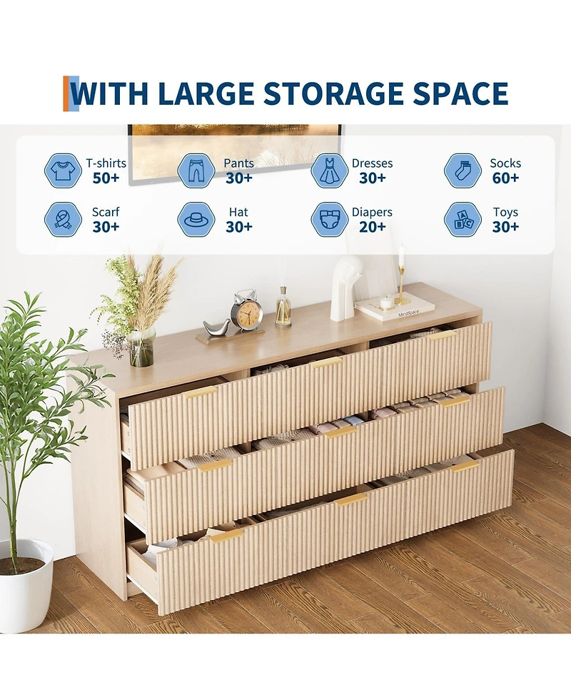 gaomon 9 Drawer Fluted Dresser with Gold Handles, 55" Wide Modern Chest of Drawers for Bedroom Living Room Closet