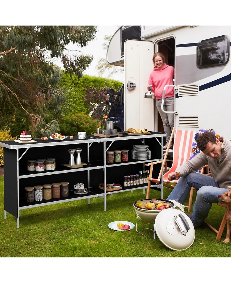 Gymax Portable Bar Table Folding Camping with Aluminum Alloy Frame 2-Tier Shelves