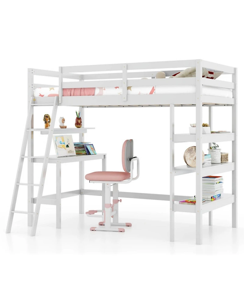 Gouun Twin Size Wood Loft Bed with Study Desk, Multi-Tier Bookshelves and Ladder