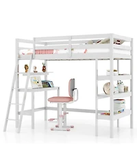 Gouun Twin Size Wood Loft Bed with Study Desk, Multi-Tier Bookshelves and Ladder
