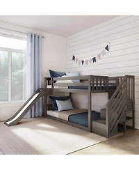Max and Lily Twin Over Low Bunk Bed with Slide Stairs, Solid Wood Kids Platform Guardrails