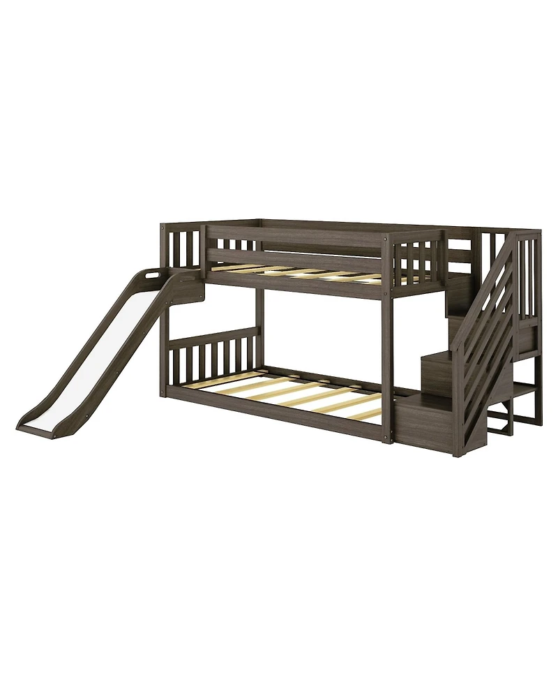 Max and Lily Twin Over Low Bunk Bed with Slide Stairs, Solid Wood Kids Platform Guardrails