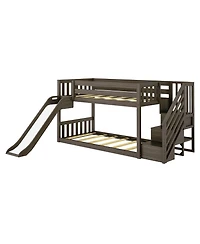 Max and Lily Twin Over Low Bunk Bed with Slide Stairs, Solid Wood Kids Platform Guardrails