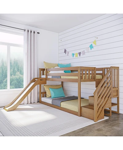 Max and Lily Twin Over Twin Low Bunk Bed with Slide and Stairs, Solid Wood Kids Platform Bed with Guardrails