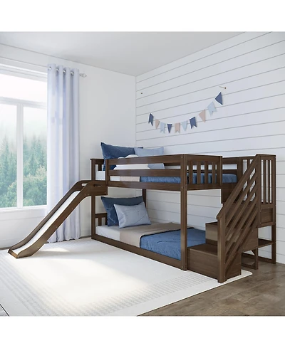 Max and Lily Twin Over Low Bunk Bed with Slide Stairs, Solid Wood Kids Platform Guardrails