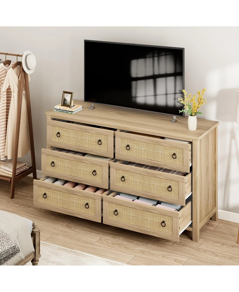 gaomon 6 Drawer Rattan Dresser for Bedroom, Tall Freestanding Boho Chest of Drawers