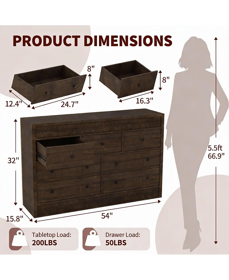gaomon Fluted 7 Drawer Wooden Dresser, 54" Wide Modern Storage Chest for Bedroom or Living Room