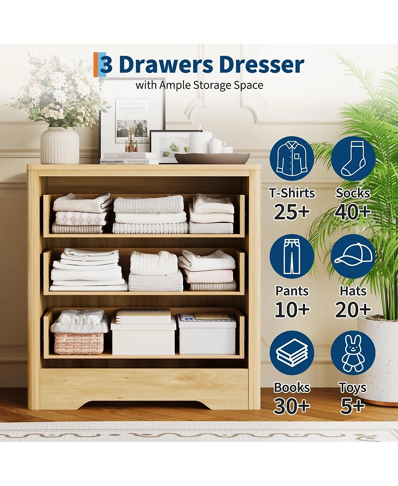 gaomon 30.4" Tall 3 Drawer Wood Dresser with Decorative Fronts and Crystal Knobs, Bedroom Storage Chest