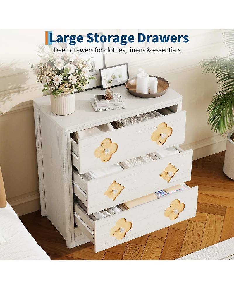gaomon 30.4" Tall 3 Drawer Wood Dresser with Decorative Fronts and Crystal Knobs, Bedroom Storage Chest
