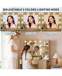 Homfan Modern Vanity Desk with Mirror Led Lights, Power Outlet, Storage Shelf, Hairdryer Rack, Adjustable Lighting, Cushioned Stool for Bedroom