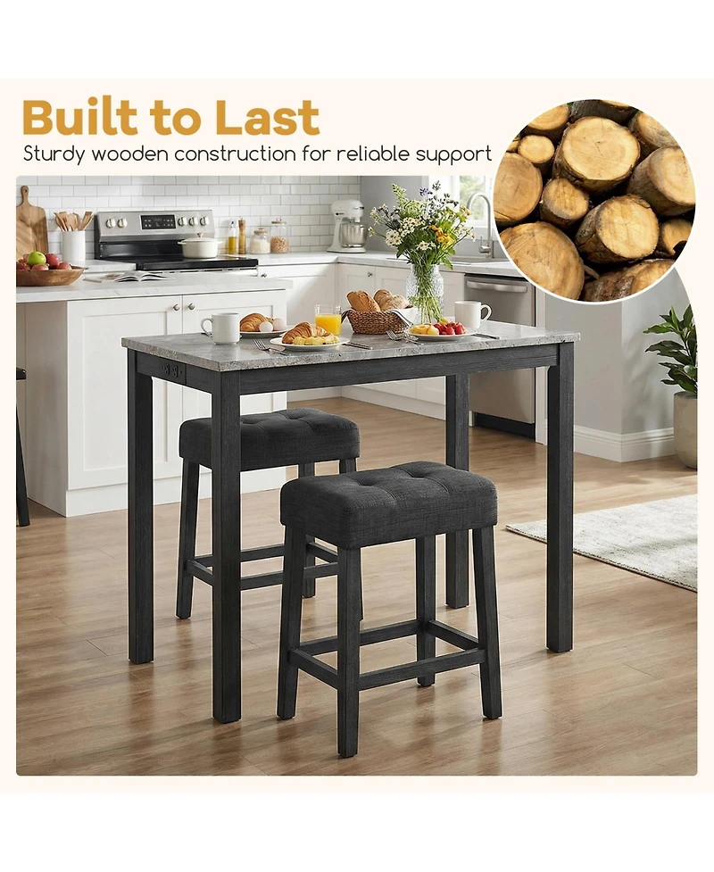 Slickblue 3 Piece Bar Table Set with Charging Station and Faux Marble Top Design