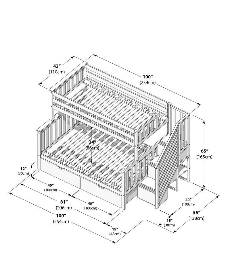 Max and Lily Twin Over Full Staircase Bunk With Storage Drawers, Pecan