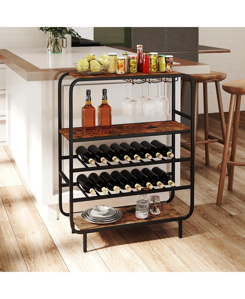 Slickblue 16 Bottle Wine Rack with 5 Tier Shelf and Glass Holder Storage