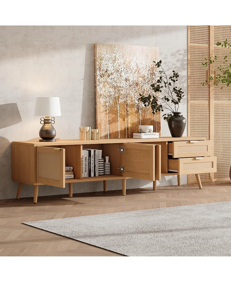 sumyeg 70 inch Modern Cabinet Tv Stand with Rattan Doors 2 Drawers & Cable Holes