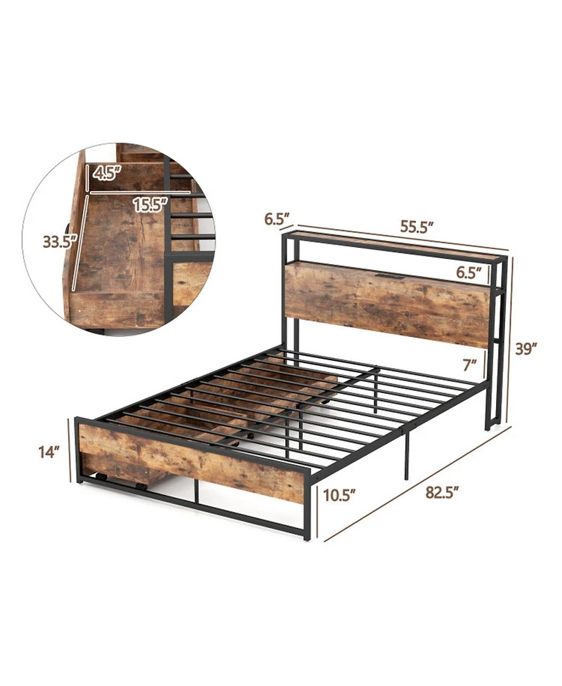 Gouun Full Size Bed Frame with Charging Station, 2 Headboard Shelves and Pull-Out Drawers