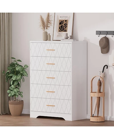 gaomon 5 Drawer Dresser for Bedroom with Gold Handles, Tall Wood Chest Storage Cabinet Organizer