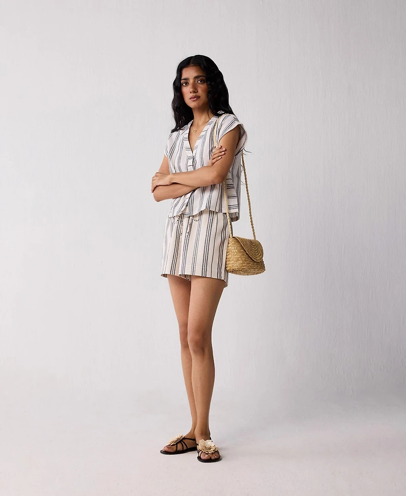 Reistor Women's Striped Matching Set with Regular Shorts and V-neck Top