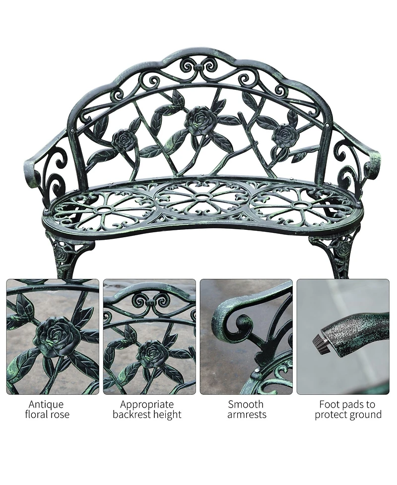 Outsunny 40" Antique Style Patio Porch Garden Bench Cast Aluminum Outdoor Chair Rose