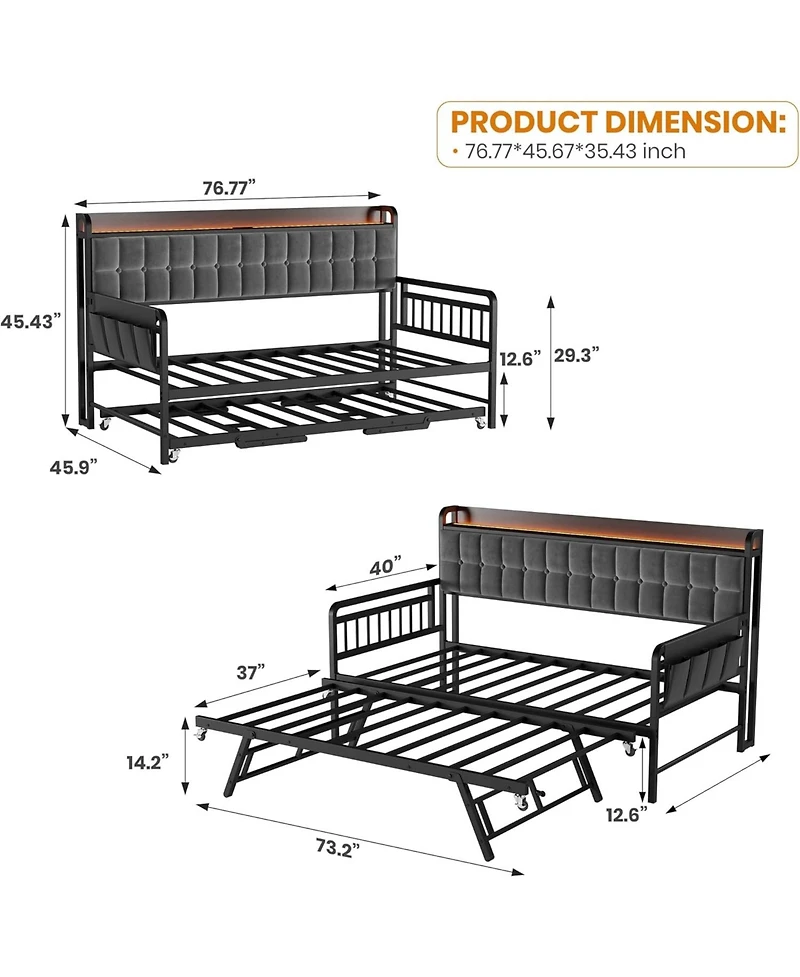 gaomon Twin Bed Frame Daybed with Trundle - Led Light and Charging Station, Upholstered Sofa Storage Headboard