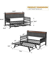 gaomon Twin Bed Frame Daybed with Trundle - Led Light and Charging Station, Upholstered Sofa Storage Headboard