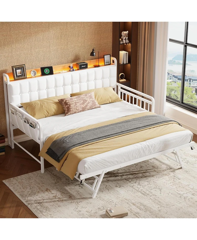 gaomon Twin Bed Frame Daybed with Trundle - with Led Light and Charging Station, Upholstered Sofa Bed with Storage Headboard