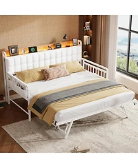 gaomon Twin Bed Frame Daybed with Trundle - with Led Light and Charging Station, Upholstered Sofa Bed with Storage Headboard