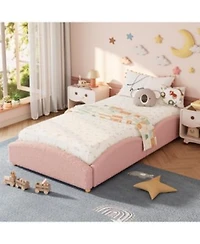 Gaomon Twin Size Upholstered Floor Bed For Kids Teddy Fabric Soft Upholstered Bed Frame With Cloud Shaped Guardrails