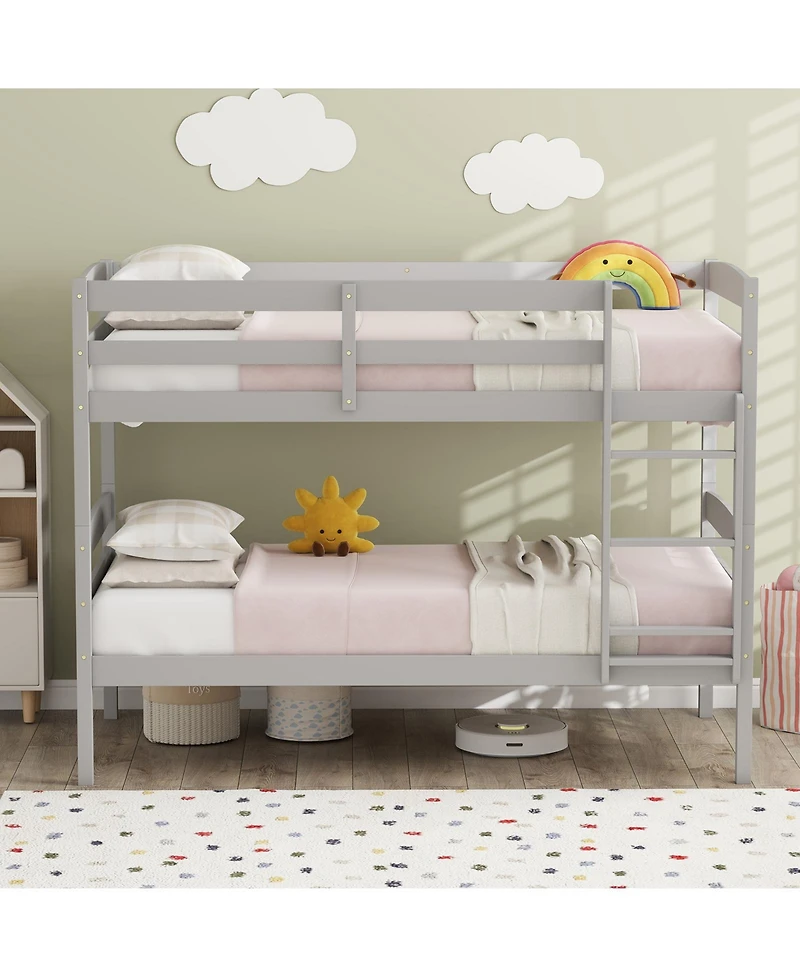 Slickblue Solid Wood Twin Bunk Bed Frame with High Guardrails and Secure Ladder