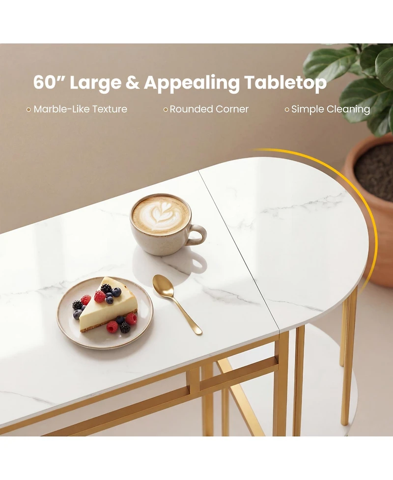 Gymax 3 Pieces 60'' Bar Table Set for 2 w/ Faux Marble Tabletop and Storage Shelves
