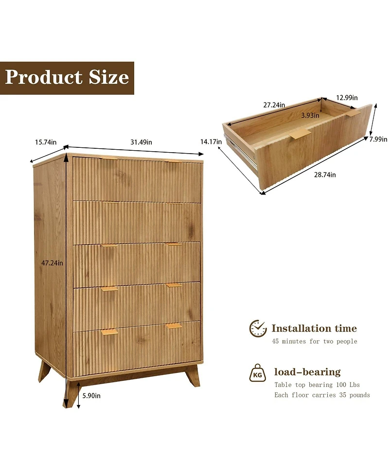 gaomon 5 Drawer Fluted Dresser, 48" Tall Modern Wood Storage Chest