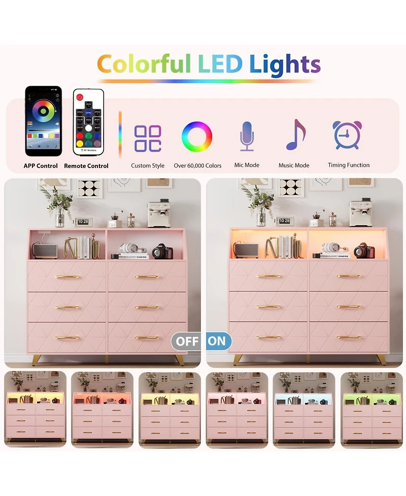 gaomon 6 Drawer Dresser with Charging Station, Shelf and Led Light, 47 inches Modern Wooden Chest