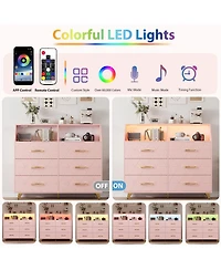 gaomon 6 Drawer Dresser with Charging Station, Shelf and Led Light, 47 inches Modern Wooden Chest