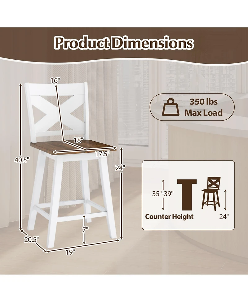 Slickblue Set of 2 Swivel Barstools with Backrest and Wide Seat Rubberwood