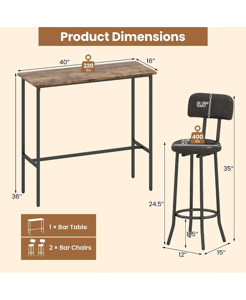 Gymax Industrial Bar Table Set Space-Saving Pub Table and Stools Set for Dining Room