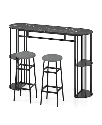 Slickblue Dining Table with 2 Barstools, 60 Inch Faux Marble Top and Upholstered Seats