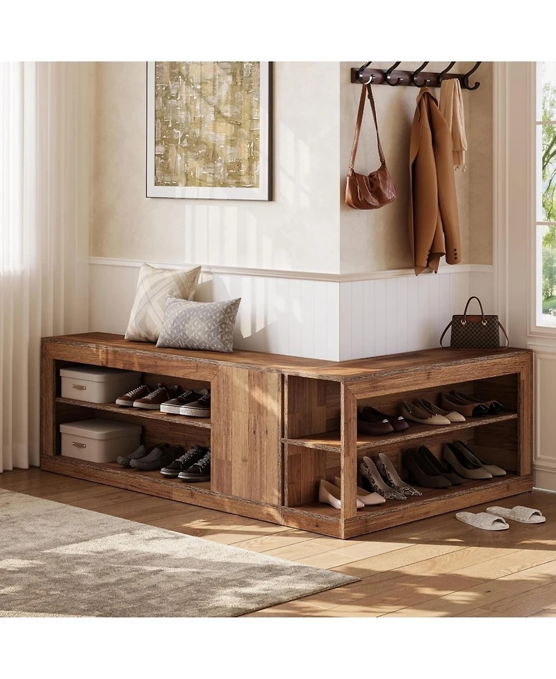 Tribesigns L-Shaped Corner Shoe Bench, 2-Piece Modular Wooden Nook Bench with Open Storage Shelves