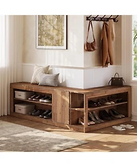 Tribesigns L-Shaped Corner Shoe Bench, 2-Piece Modular Wooden Nook Bench with Open Storage Shelves