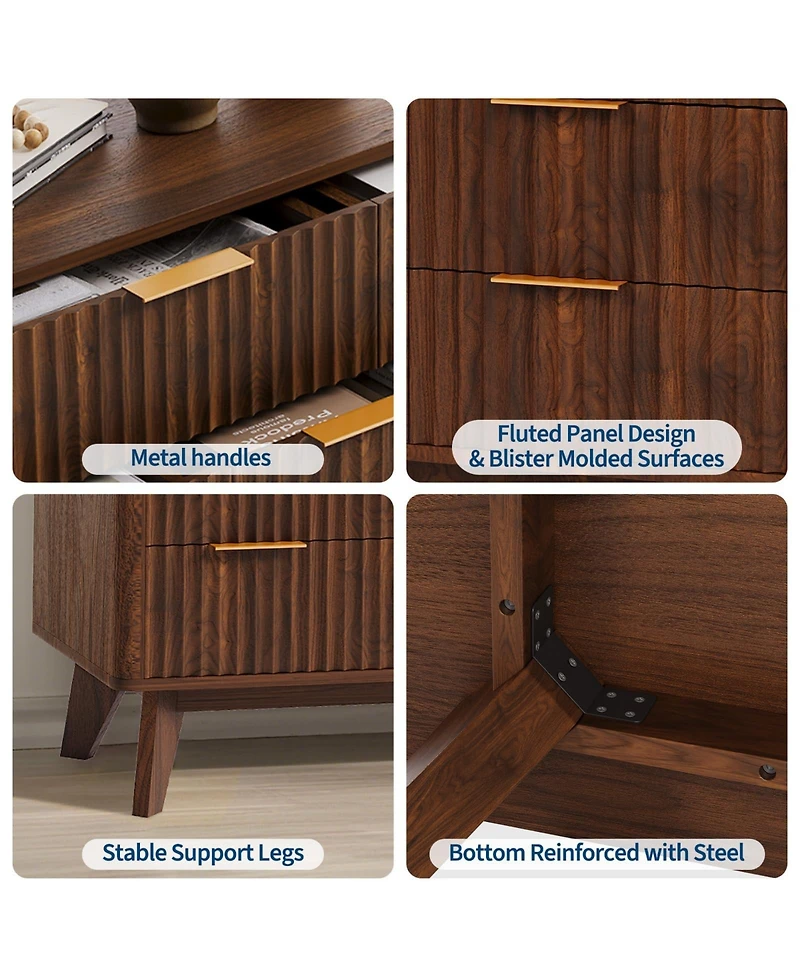 gaomon 54" Fluted 9 Drawer Wood Dresser with Metal Handles and Curved Profile, Modern Tv Stand