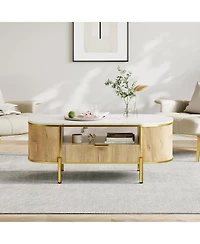 gaomon 48 Inch Oval Coffee Table with Storage, Modern Luxury Coffee Table with Drawer and Faux Marble Top, Fluted Center Table