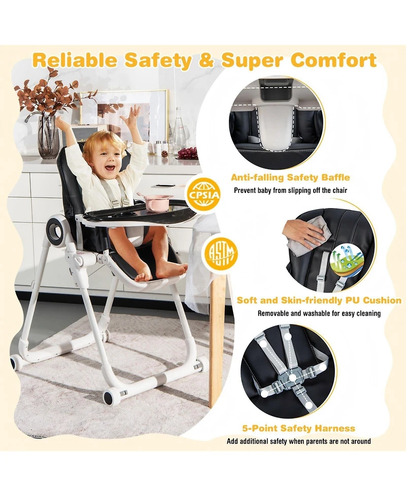 Gouun Baby Foldable High Chair with 4 Lockable Wheels and Double Tray