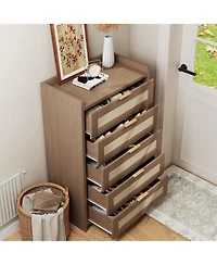 gaomon Rattan 5 Drawer Dresser, 46" Tall Wooden Chest with Metal Handles for Bedroom, Living Room