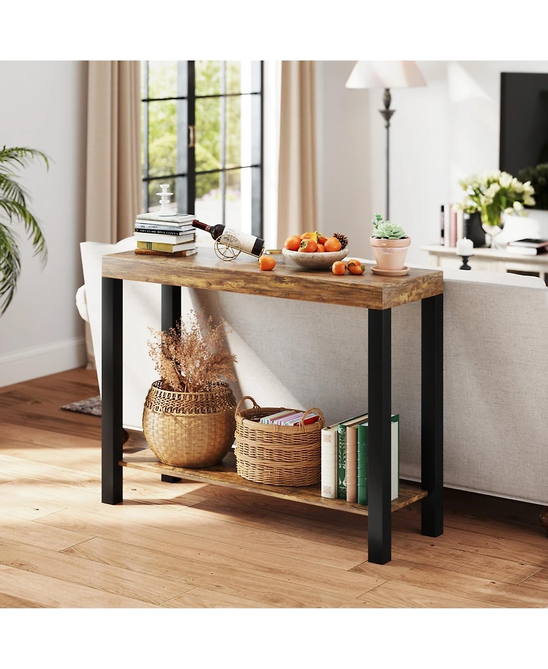 Slickblue 2 Tier Bar Table with Open Shelves, Home Bar Storage Unit for Kitchen and Living Space-Rustic