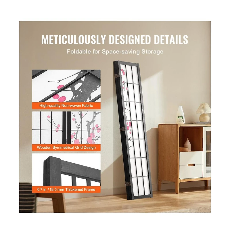 Sugift 4-Panel Japanese Shoji Style Folding Room Divider Screen, 66.9 in Tall Wood Frame