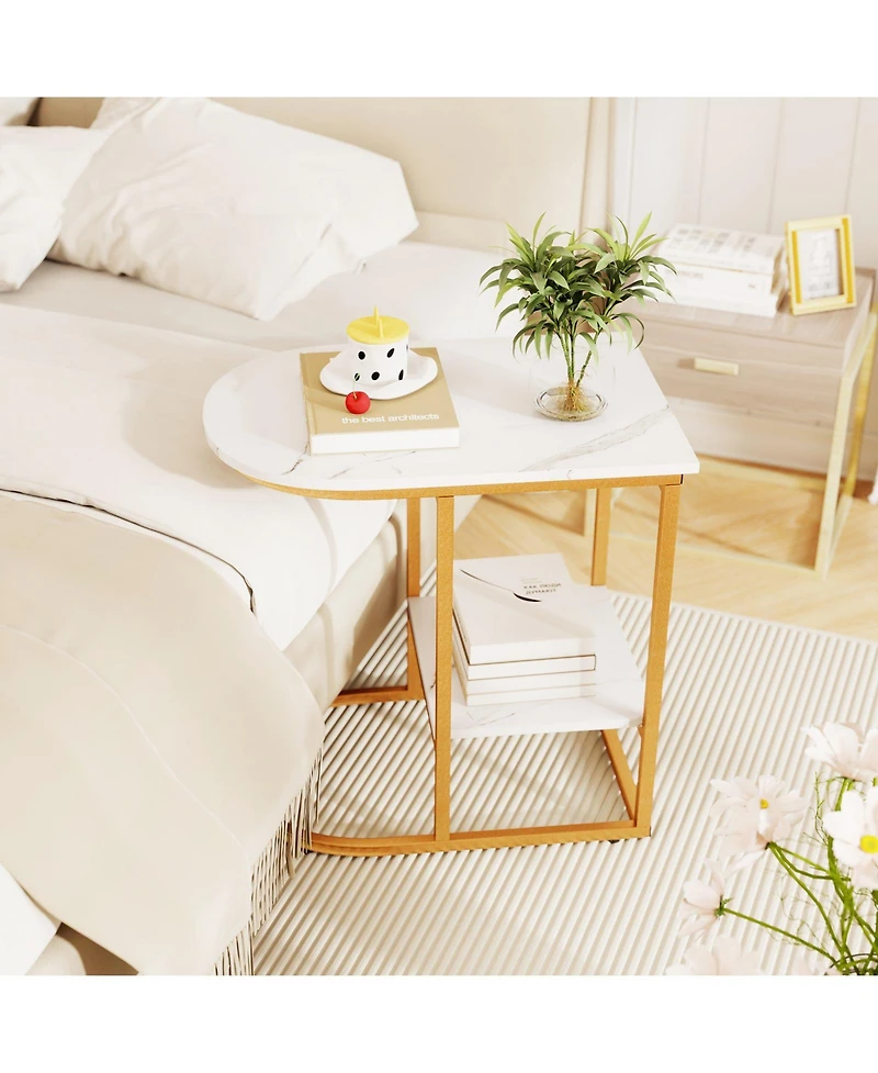 Gymax C-Shaped Side Table Compact 2-tier Storage End for Small Space